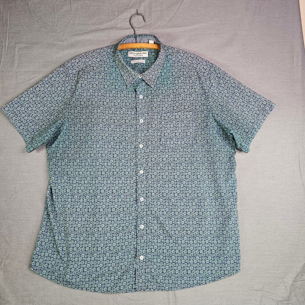 Nick Graham Short Sleeve Stretch Fit Shirt Gray/Blue Floral Print Men's 2XL